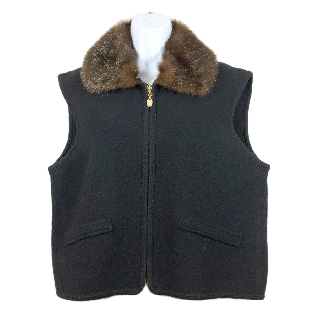 VTG Lisa International Vest Boiled Wool Black Zipper Faux Fur Collar LG Women's